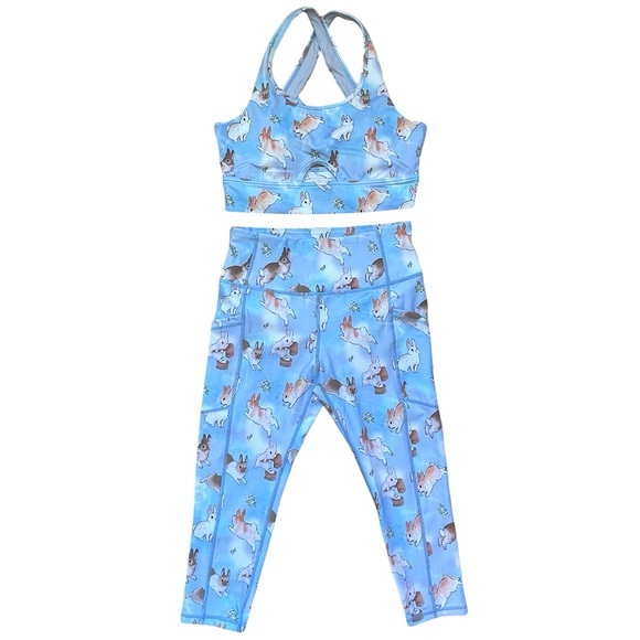 Iron Yokai Blue Bunny Longline Sports Bra & Capri Leggings Activewear Set - Picture 1 of 7